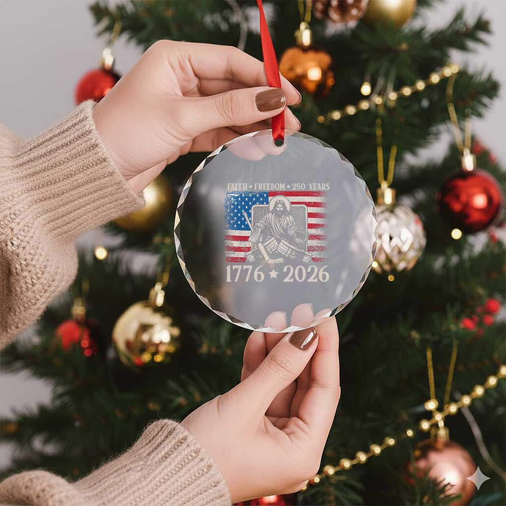 250 Years Faith and Freedom Christian Crystal Glass Ornament Jesus Hockey Player 4th of July American Flag
