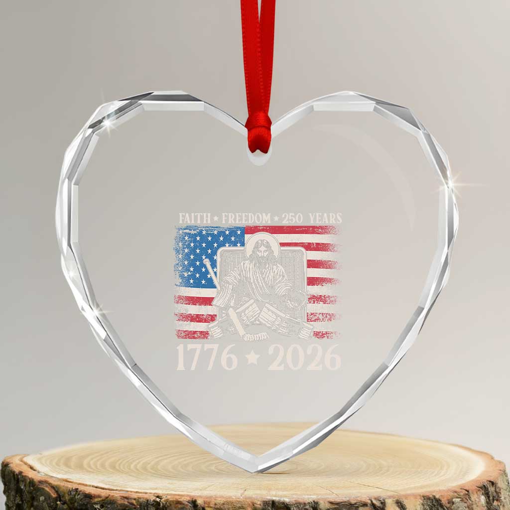 250 Years Faith and Freedom Christian Heart Crystal Glass Ornament Jesus Hockey Player 4th of July American Flag