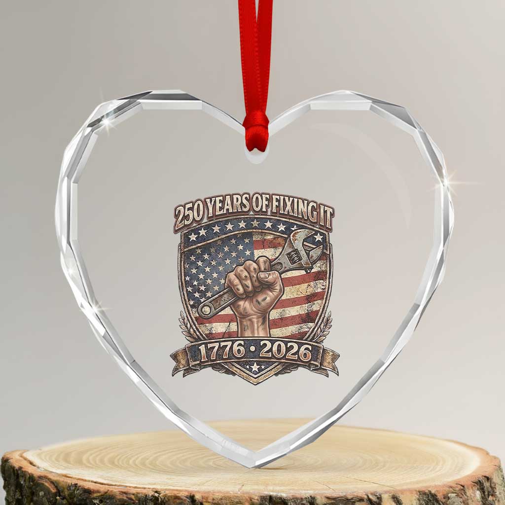 250 Years Of Fixing It Heart Crystal Glass Ornament America 250th Anniversary Mechanic