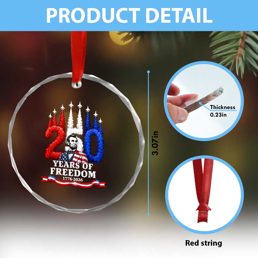 250 Years of Freedom Abraham Lincoln Patriotic Crystal Glass Ornament US Fighter Jets Red White and Blue 1776 to 2026 Semiquincentennial