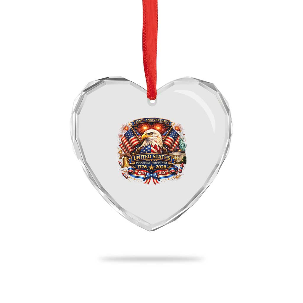 250 Years Of Freedom America Heart Crystal Glass Ornament USA Independence 250th Anniversary 1776 2026 Patriotic Eagle Flag