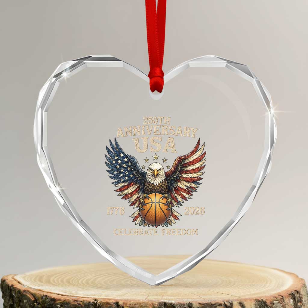 250 Years Of Freedom Basketball Heart Crystal Glass Ornament Patriotic Athlete Gift