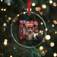 250 Years Of Freedom Crystal Glass Ornament Funny Cat Selfie 4th of July Party