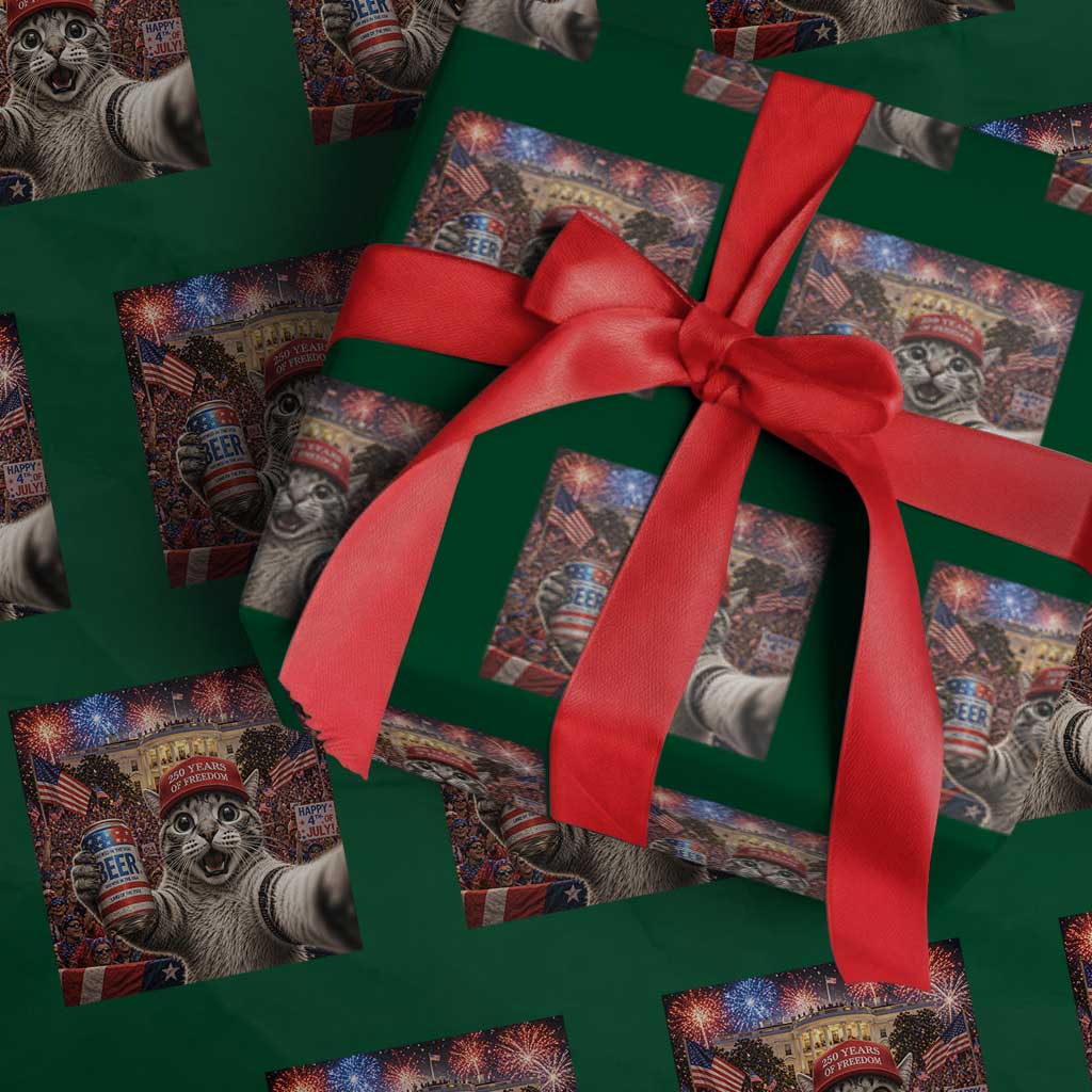250 Years Of Freedom Wrapping Paper Roll Funny Cat Selfie 4th of July Party