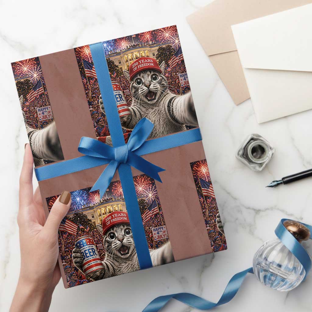 250 Years Of Freedom Wrapping Paper Roll Funny Cat Selfie 4th of July Party