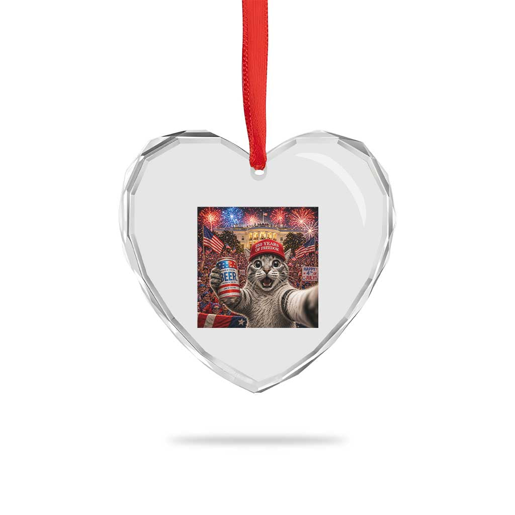 250 Years Of Freedom Heart Crystal Glass Ornament Funny Cat Selfie 4th of July Party