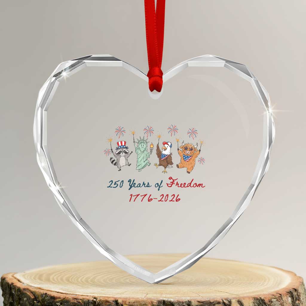 250 Years Of Freedom Heart Crystal Glass Ornament Patriotic Doodle America Raccoon Goose Highland Cow 4th of July