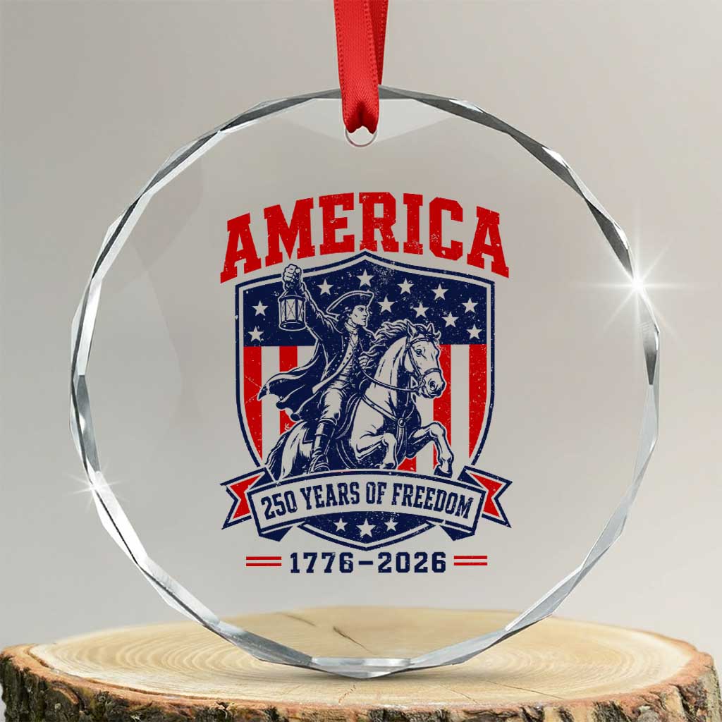 250 Years of Freedom Paul Revere Midnight Ride Crystal Glass Ornament Patriotic Historical Revolution American Flag Shield