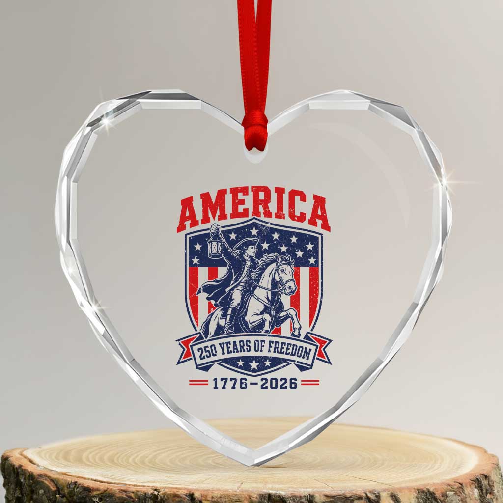 250 Years of Freedom Paul Revere Midnight Ride Heart Crystal Glass Ornament Patriotic Historical Revolution American Flag Shield