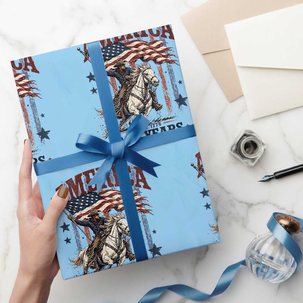 250 Years Since 1776 Cowboy on Horseback Wrapping Paper Roll Vintage Patriotic Western Style American Flag Semiquincentennial