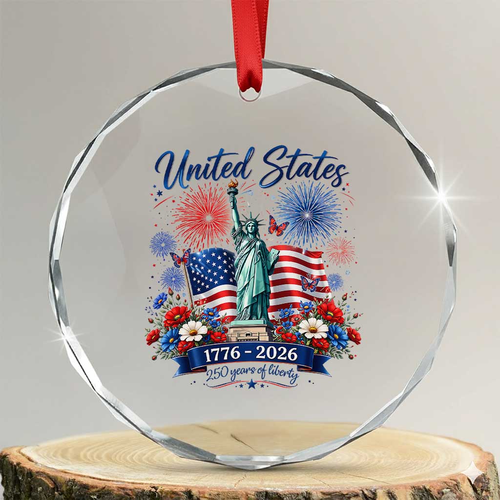 250th Anniversary USA Crystal Glass Ornament Patriotic Liberty Floral 250 Years American 4th July 1776 2026
