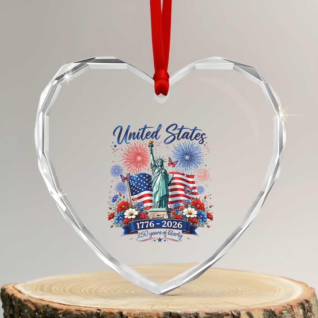 250th Anniversary USA Heart Crystal Glass Ornament Patriotic Liberty Floral 250 Years American 4th July 1776 2026