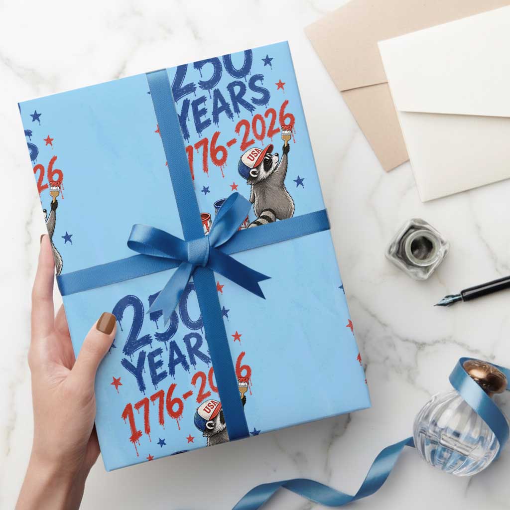250th Anniversary USA Wrapping Paper Roll Patriotic Raccoon American Flag 4th of July