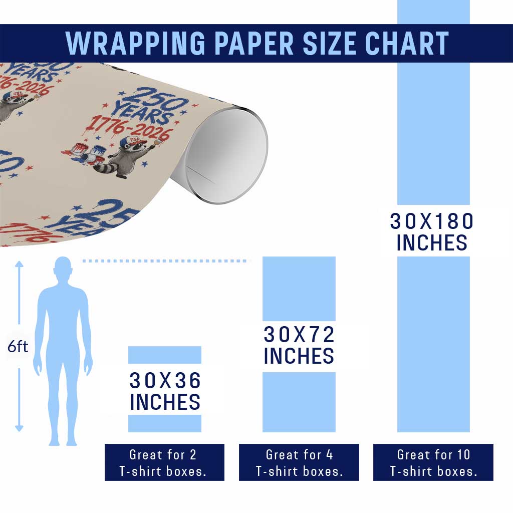250th Anniversary USA Wrapping Paper Roll Patriotic Raccoon American Flag 4th of July