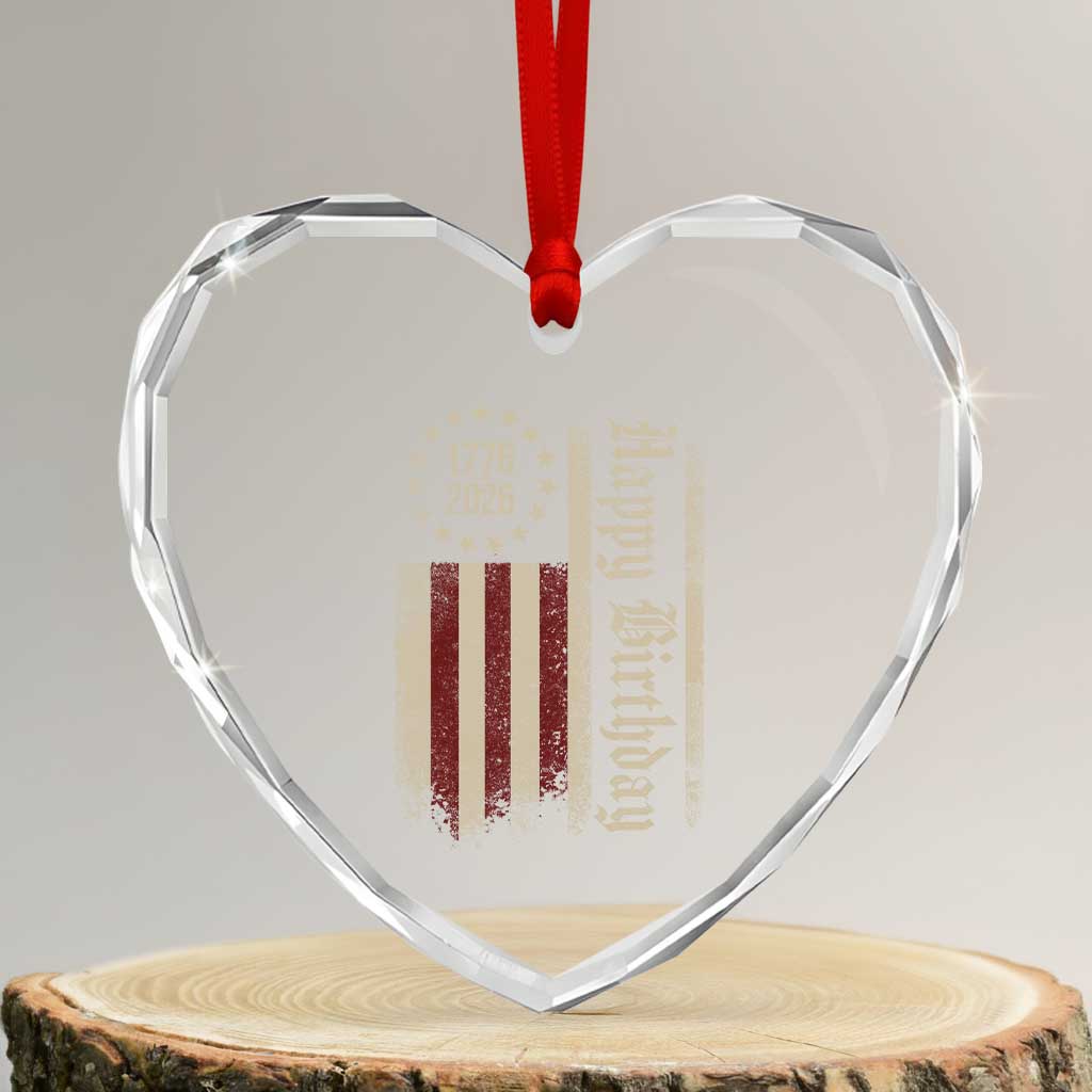 250th Birthday US July 4th 1776 2026 American Flag Heart Crystal Glass Ornament