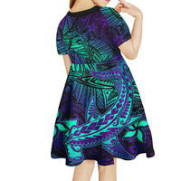 Purple Polynesian Family Matching Outfits Off Shoulder Maxi Dress And Hawaiian Shirt Tribal Hammerhead Shark - Wonder Print Shop