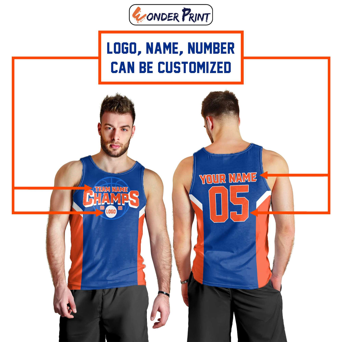 Custom 2025 Basketball Champions Men’s Tank Top – Royal Blue & Orange CTM05
