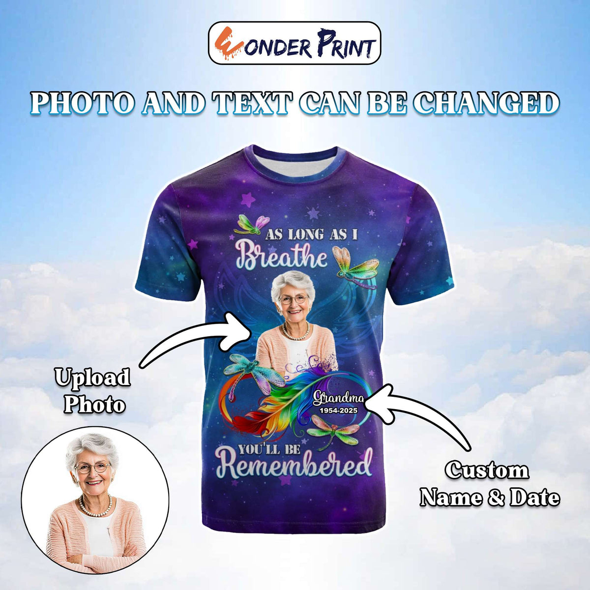 Custom Photo Memorial T Shirt As Long As I Breathe You'll Be Remembered | Wonder Print Shop
