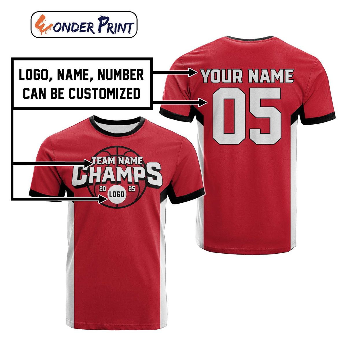 Custom 2025 Basketball Champions Scarlet White T Shirt | Wonder Print Shop