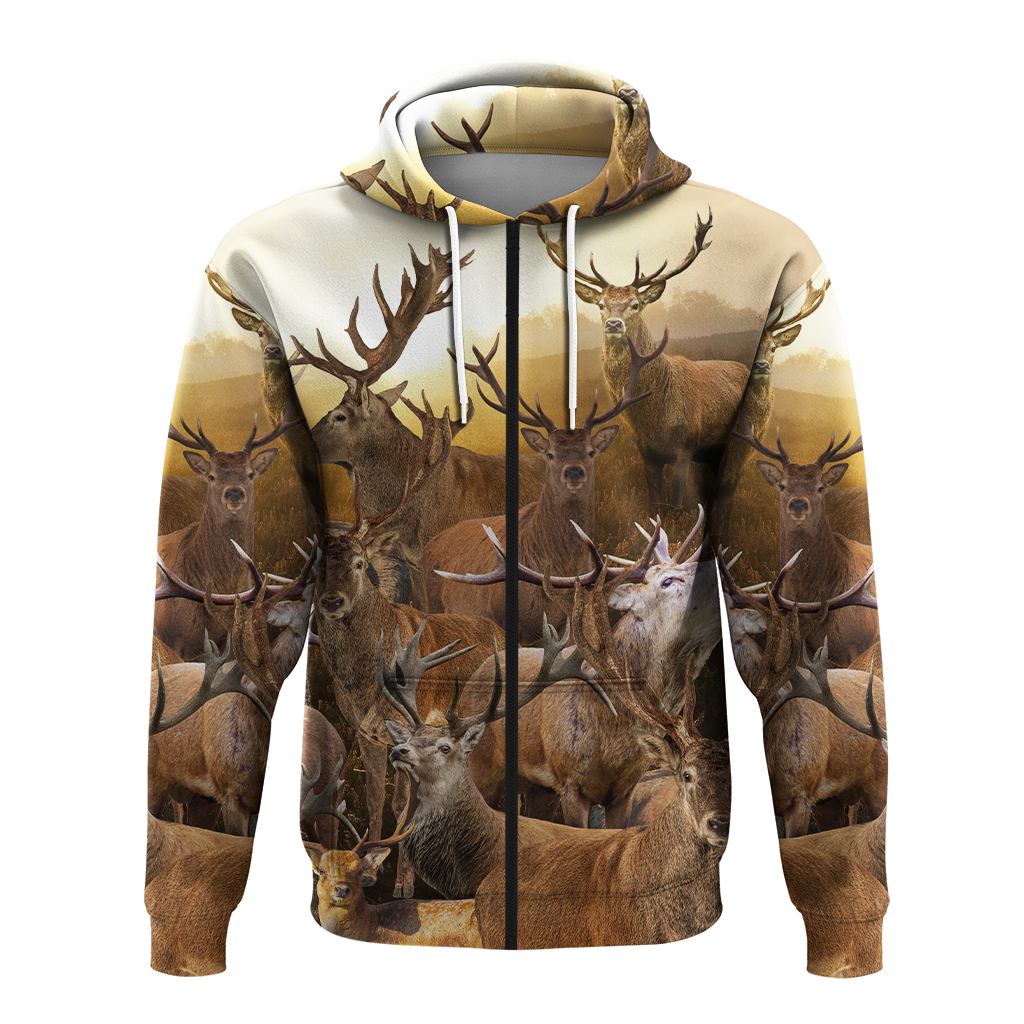 Deer graphic pullover hoodie in cream with full front panel and drawstring hood