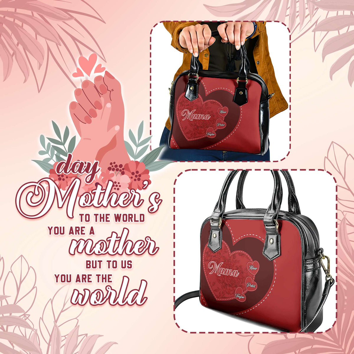 Custom Mother’s Day Shoulder Handbag – Hearts & Kids’ Names Mama Gift Purse CTM05