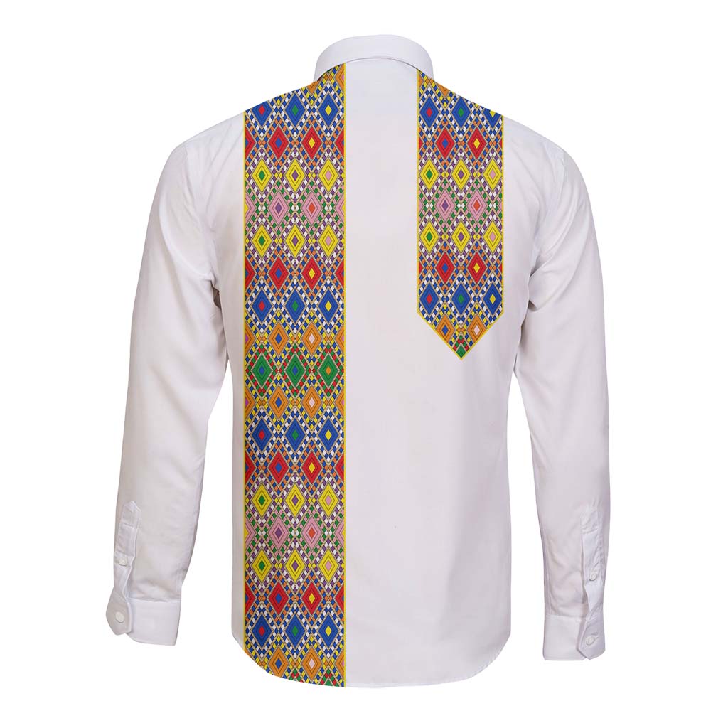 Habesha Tilet Pattern Long Sleeves Button Shirt Ethiopia Emblem - White LT7