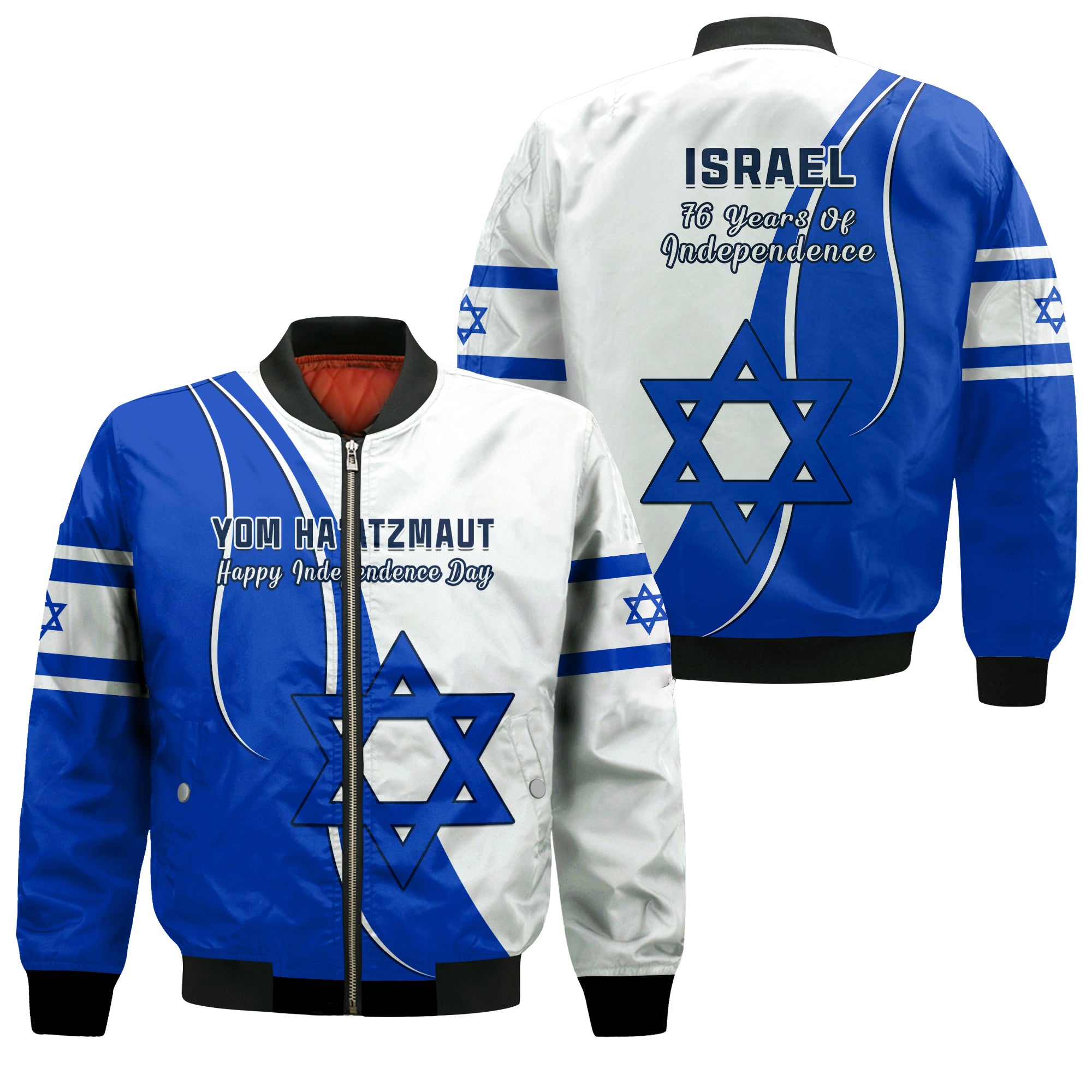 Israel Independence Day Sleeve Zip Bomber Jacket Yom Haatzmaut Curvel Style LT14