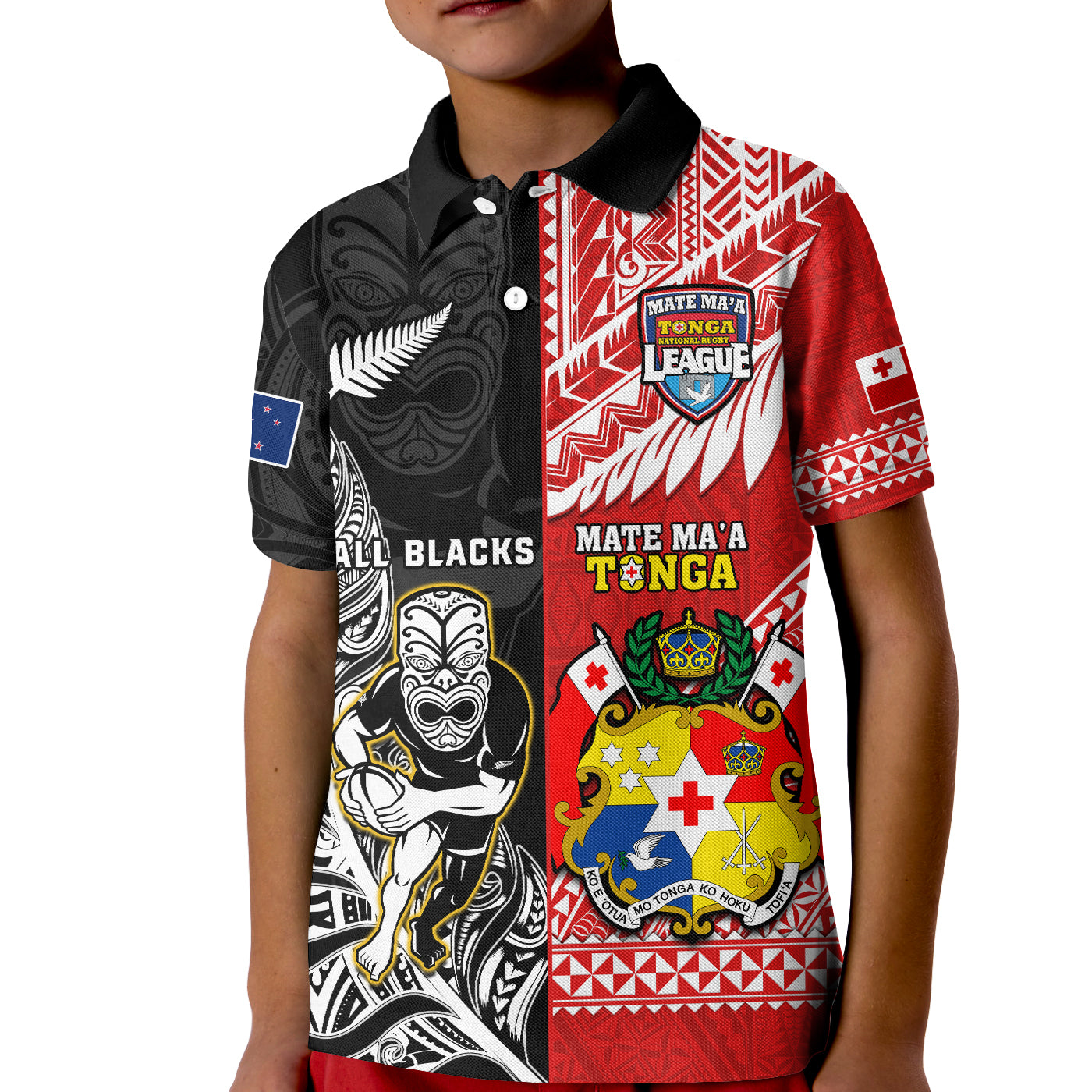 Custom Mate Maa Tonga All Black Rugby Polo Shirt KID Polynesian Mix NZ Maori Fern - Wonder Print Shop