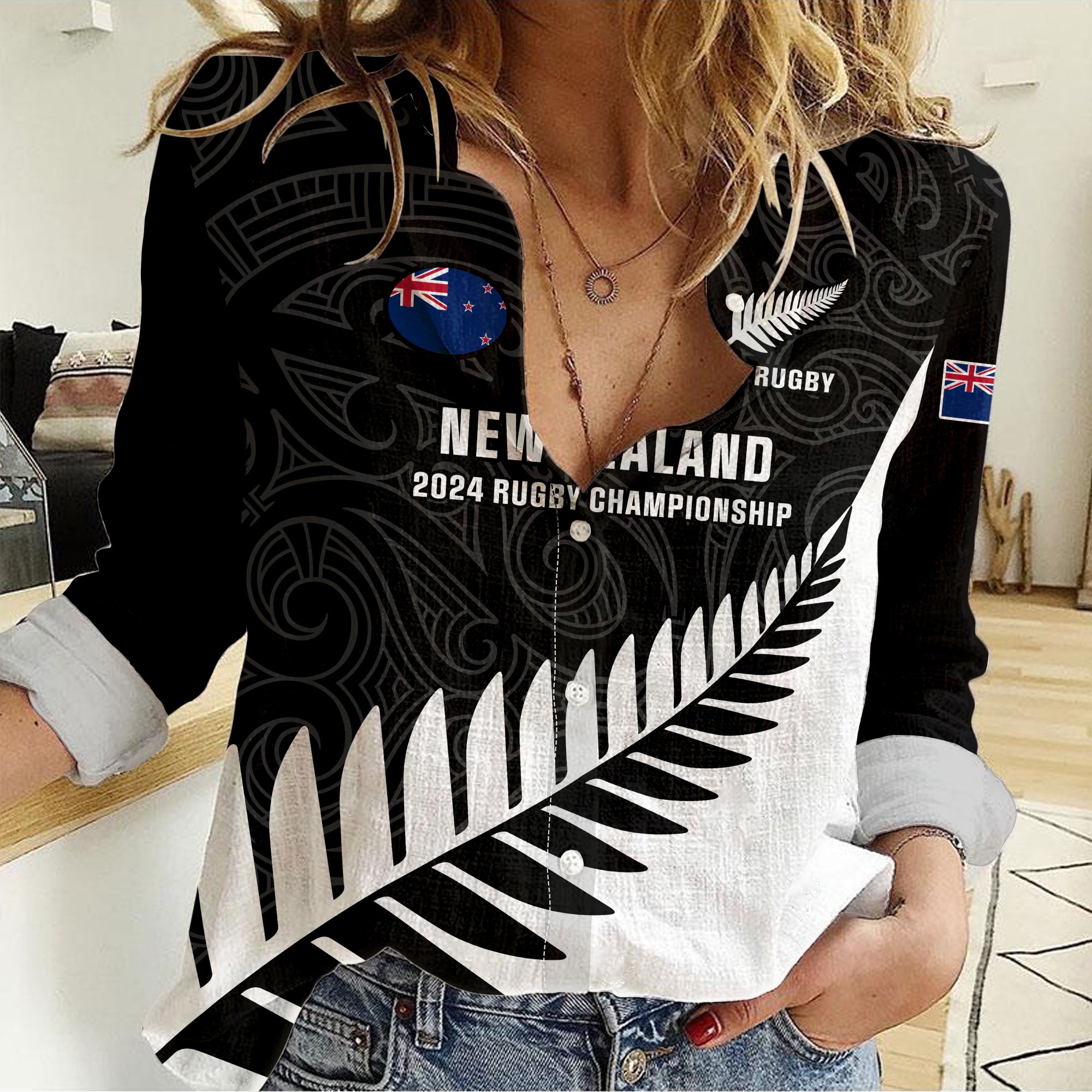 New Zealand Silver Fern Rugby Women Casual Shirt All Black 2023 Go Champions Maori Pattern - Wonder Print Shop