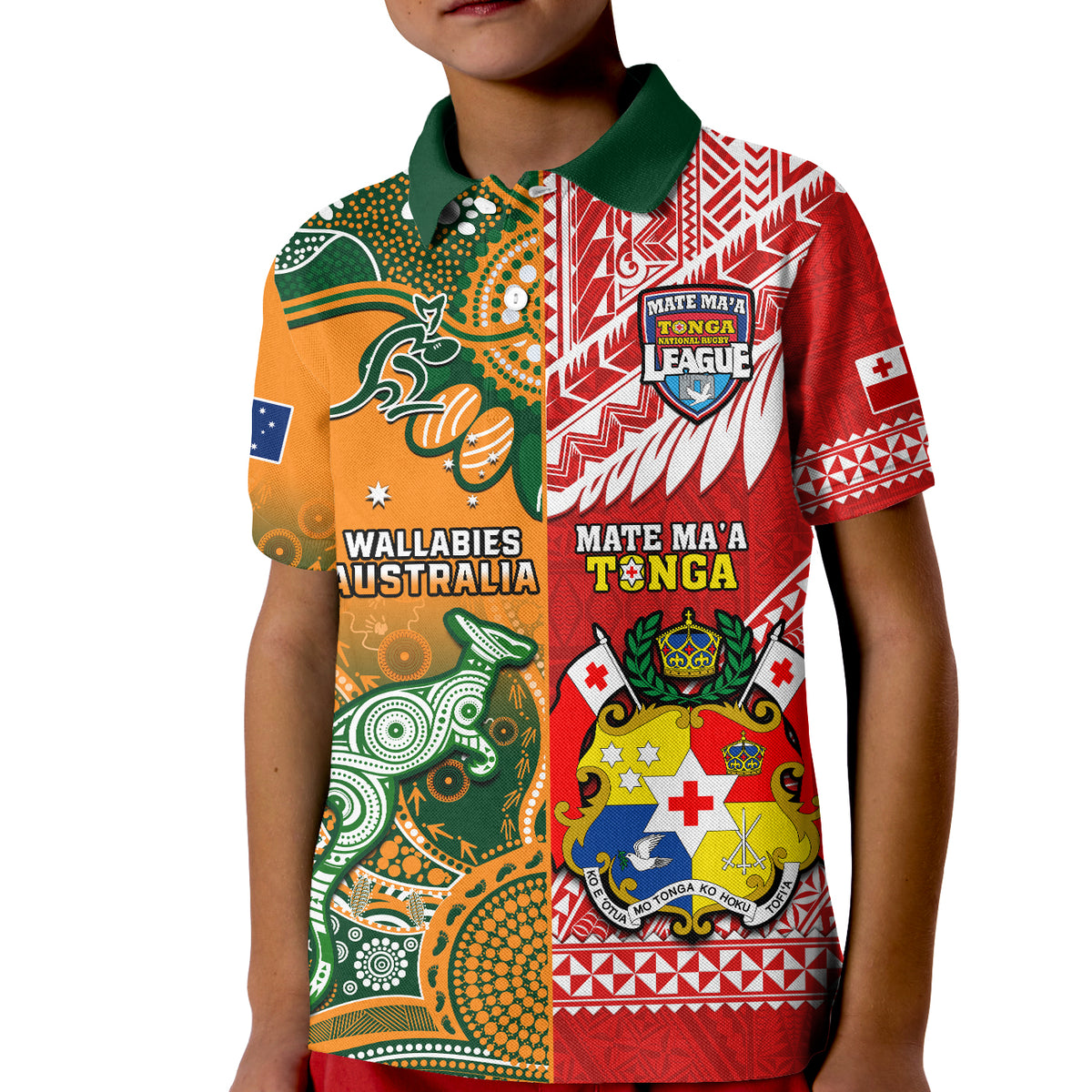 Custom Mate Maa Tonga Wallabies Rugby Polo Shirt KID Polynesian Mix Aboriginal - Wonder Print Shop
