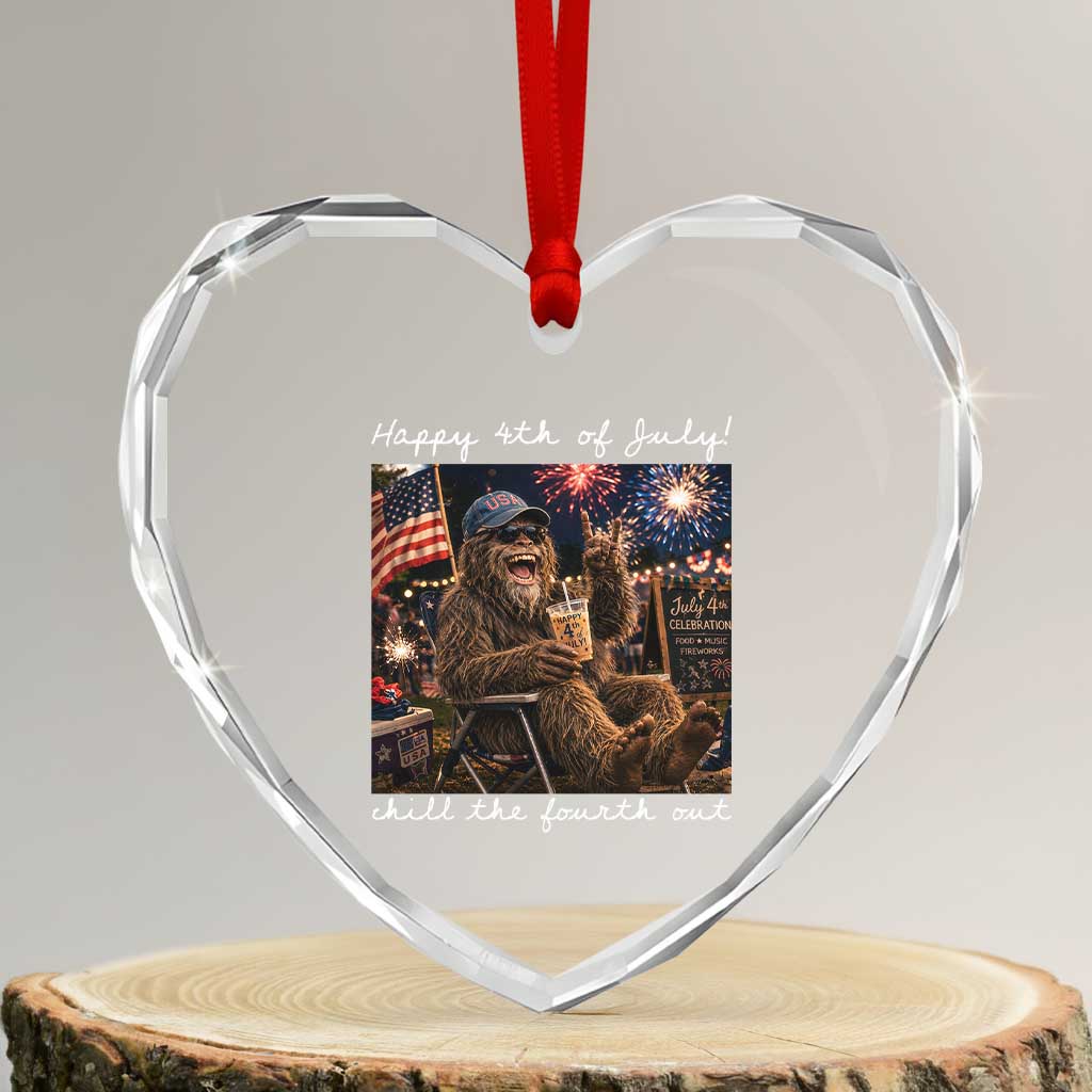 4th of July Bigfoot Heart Crystal Glass Ornament Patriotic Sasquatch American Flag Party Festival