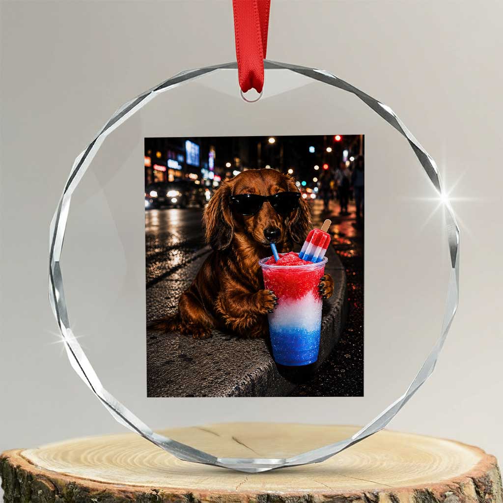 4th Of July Dachshund Drinking Slushie Crystal Glass Ornament Patriotic 250 Anniversary USA Dog Lovers Funny Meme