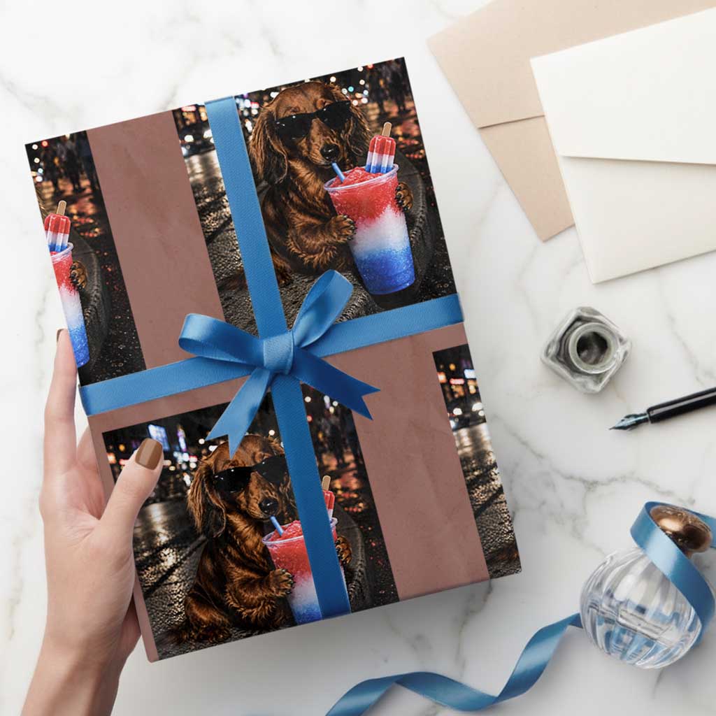 4th Of July Dachshund Drinking Slushie Wrapping Paper Roll Patriotic 250 Anniversary USA Dog Lovers Funny Meme