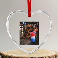 4th Of July Dachshund Drinking Slushie Heart Crystal Glass Ornament Patriotic 250 Anniversary USA Dog Lovers Funny Meme