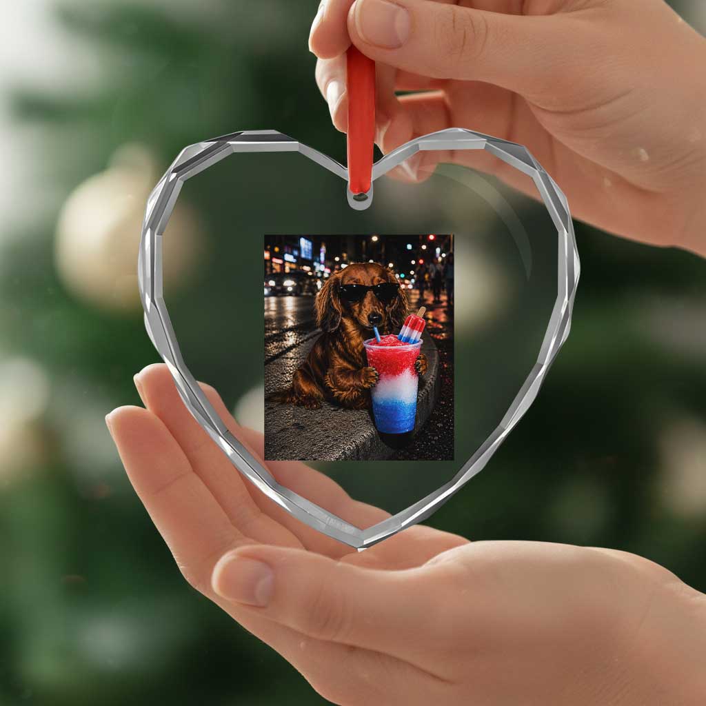 4th Of July Dachshund Drinking Slushie Heart Crystal Glass Ornament Patriotic 250 Anniversary USA Dog Lovers Funny Meme