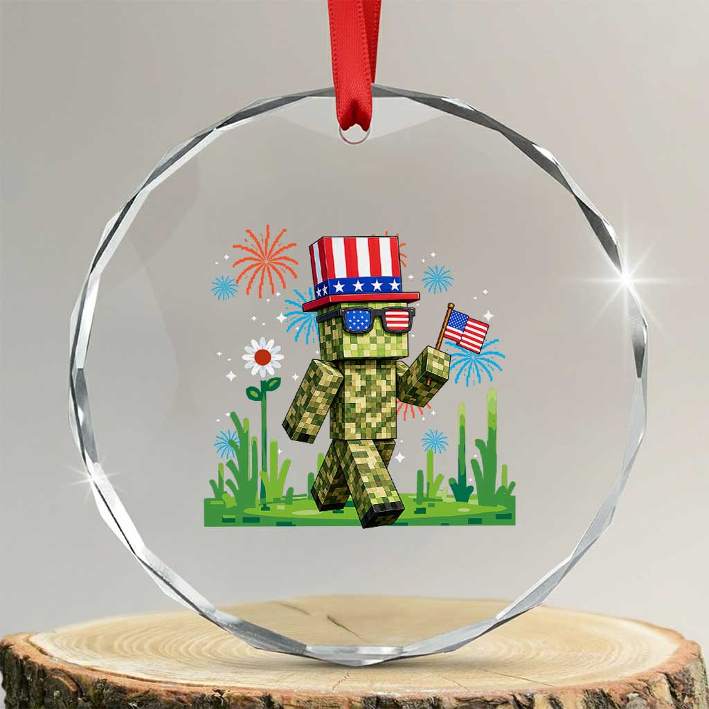4th Of July Gamer Crystal Glass Ornament Pixel Art US Flag Gaming