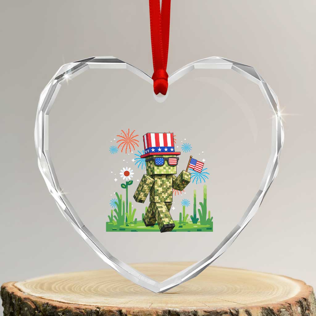 4th Of July Gamer Heart Crystal Glass Ornament Pixel Art US Flag Gaming