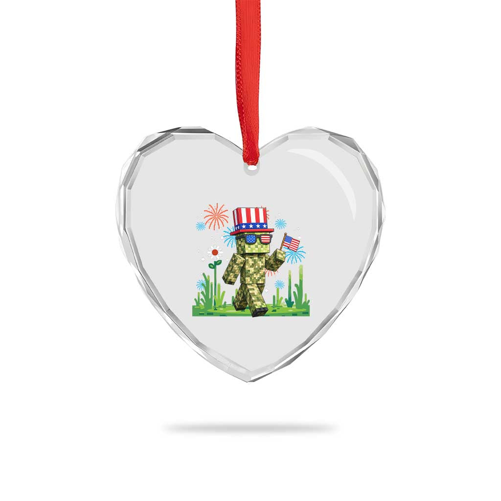 4th Of July Gamer Heart Crystal Glass Ornament Pixel Art US Flag Gaming