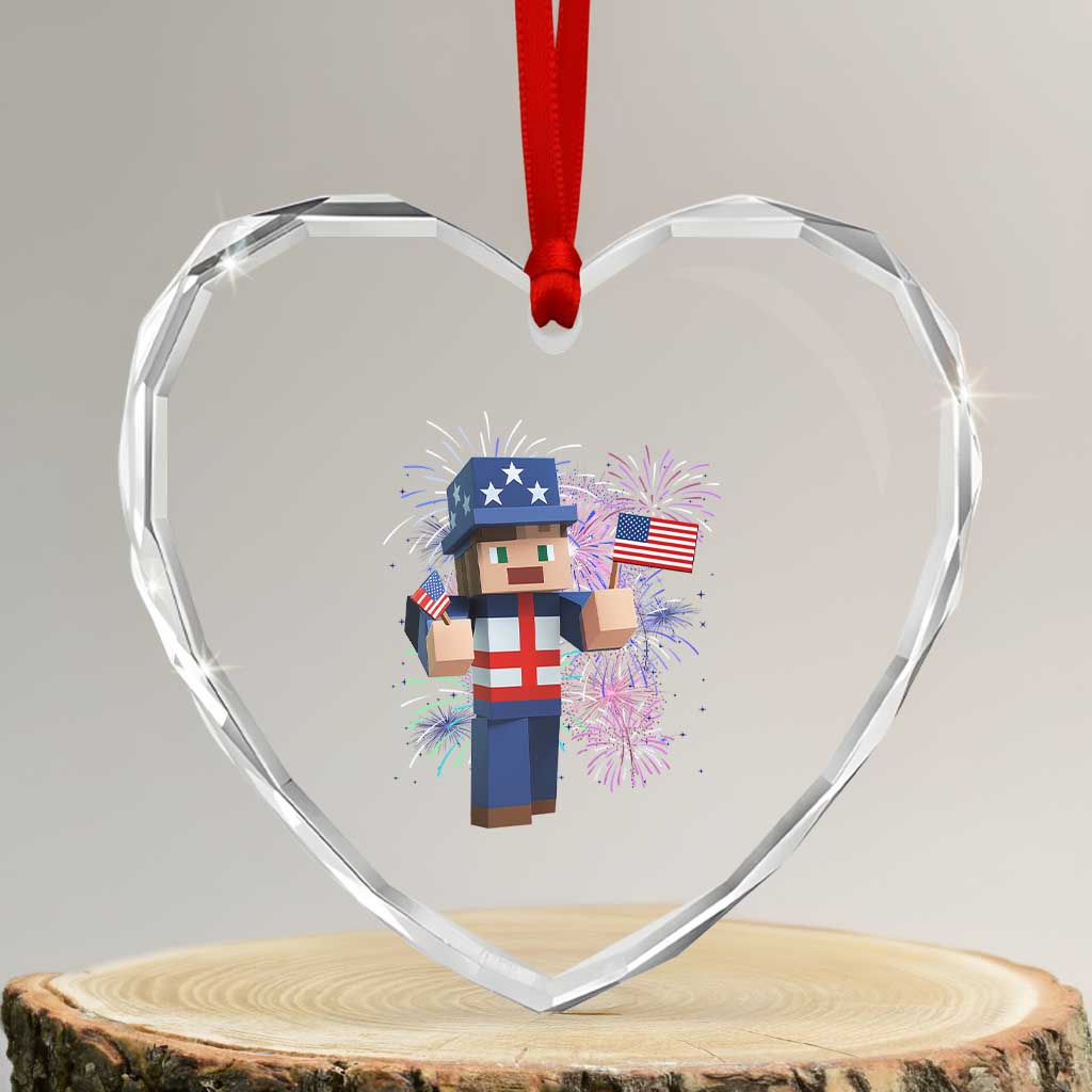 4th of July Gamer Heart Crystal Glass Ornament Uncle Sam Pixels Gaming Celebrate Independence Day - Wonder Print Shop