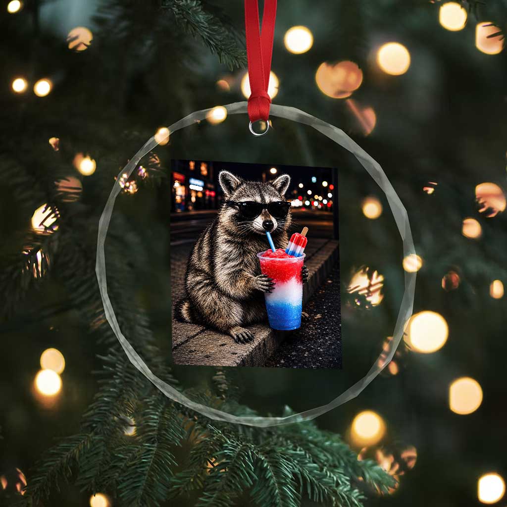 4th Of July Raccoon Drinking Slushie Crystal Glass Ornament Patriotic 250 Anniversary USA Trash Panda Funny Meme