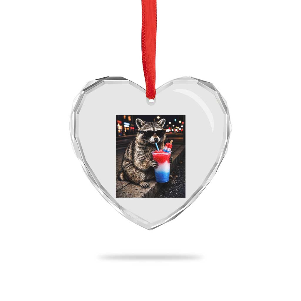 4th Of July Raccoon Drinking Slushie Heart Crystal Glass Ornament Patriotic 250 Anniversary USA Trash Panda Funny Meme