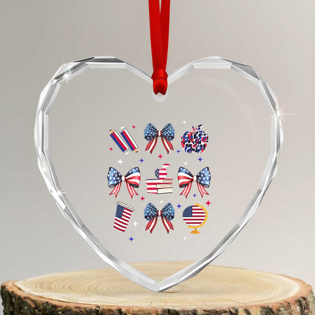 4th of July Teacher Student Heart Crystal Glass Ornament Patriotic Teaching Learning Retro Coquette - Wonder Print Shop
