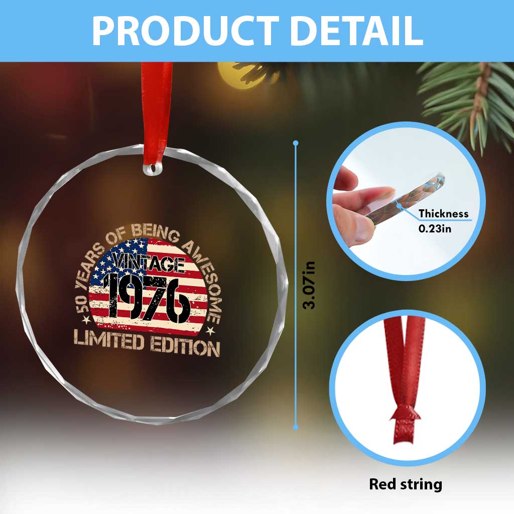 50th Birthday Crystal Glass Ornament Vintage 1976 50 Year Old Birthday USA Flag