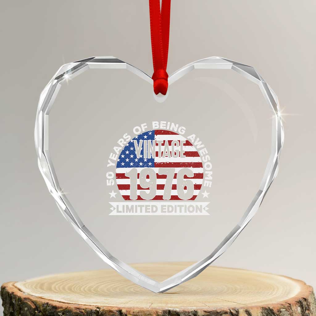 50th Birthday Heart Crystal Glass Ornament Vintage 1976 50 Year Old Birthday American Flag