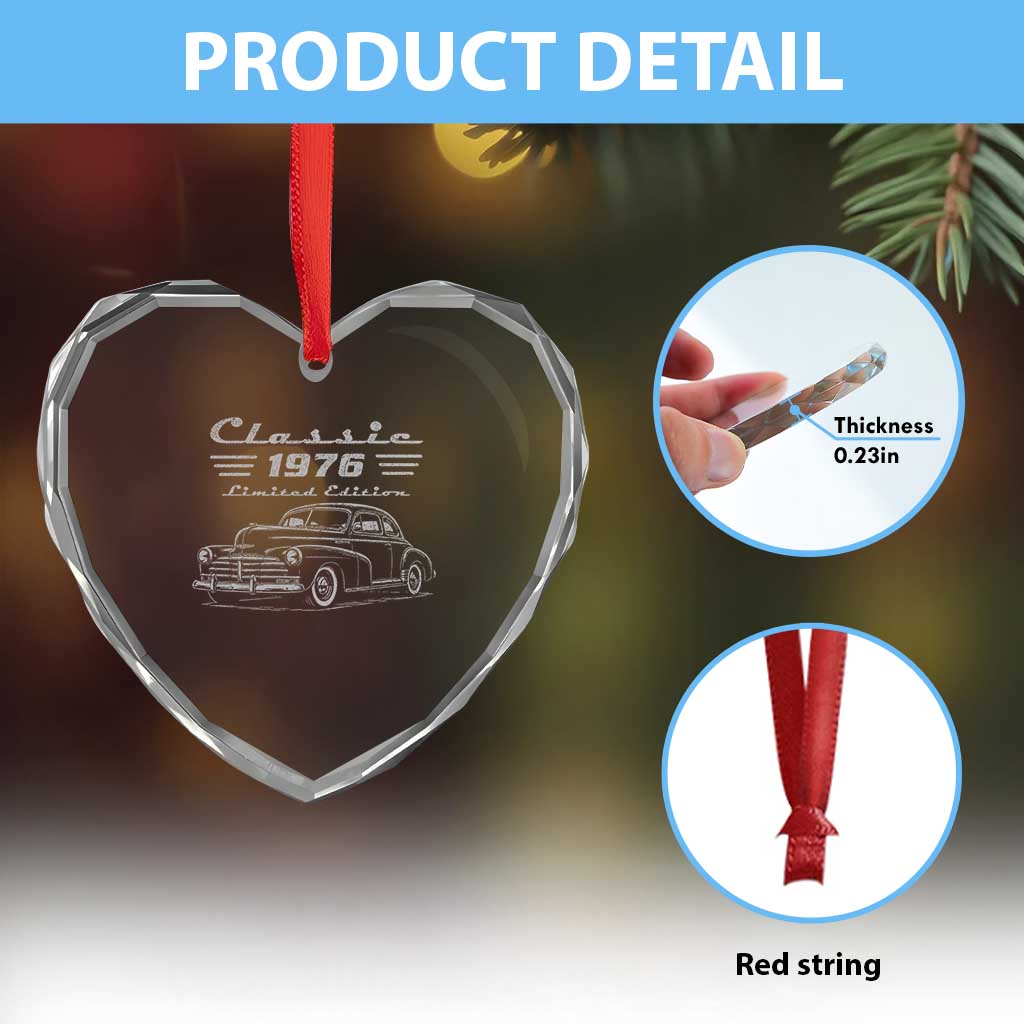 50th Birthday Heart Crystal Glass Ornament Vintage Retro Car Classic 1976 50 Year Old Gift