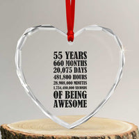 55th Milestone Birthday Heart Crystal Glass Ornament 55 Years Of Being Awesome Graphic