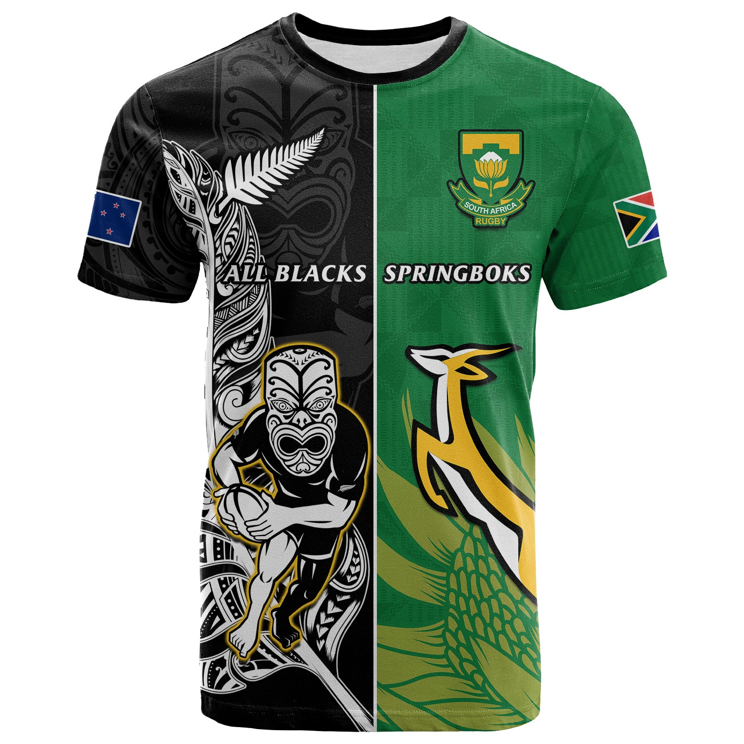 Custom New Zealand And South Africa Rugby T Shirt All Black Maori Mix Springboks LT14