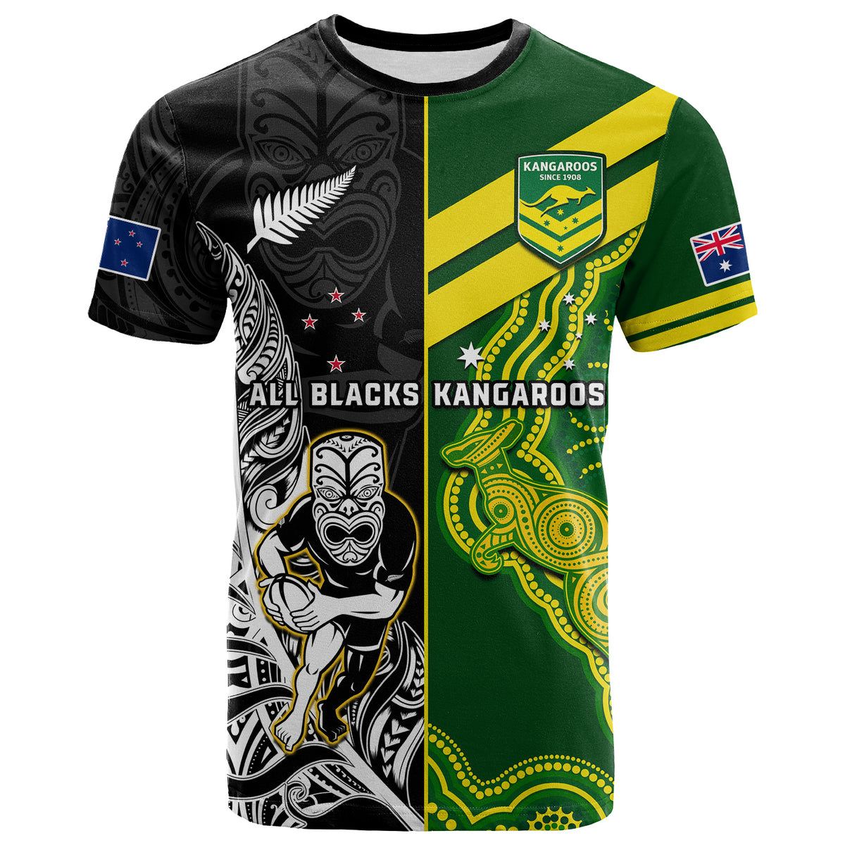 Custom Australia Kangaroos And All Black Rugby T Shirt Aboriginal Mix NZ Maori Fern LT14