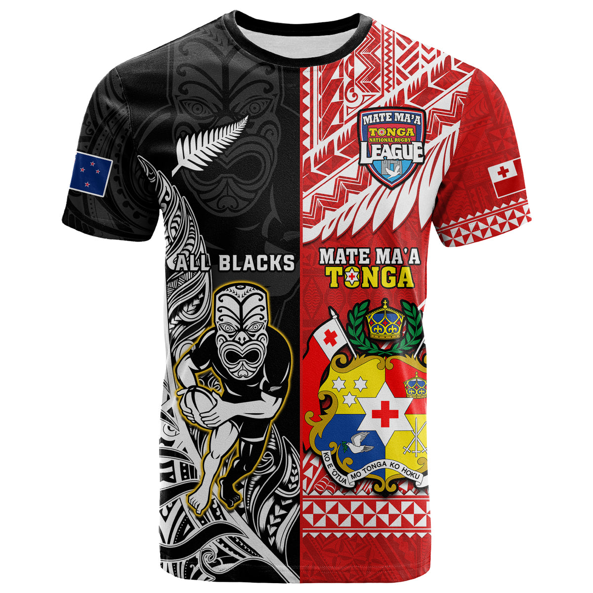 Custom Mate MaA Tonga And All Black Rugby T Shirt Polynesian Mix NZ Maori Fern - Wonder Print Shop