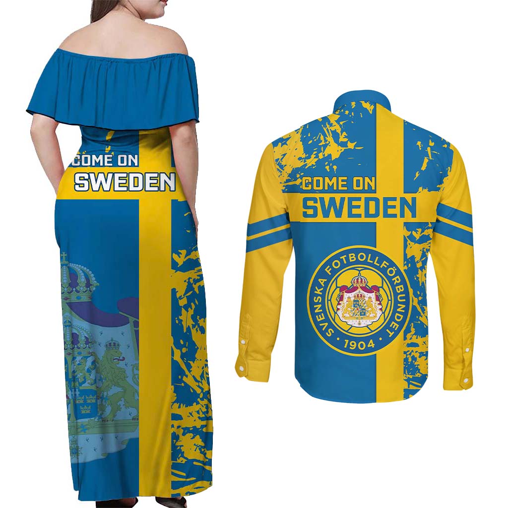 Sweden Football Couples Matching Off Shoulder Maxi Dress and Long Sleeve Button Shirts Come On Sverige 2023 World Cup - Wonder Print Shop